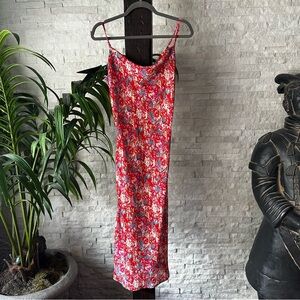 FANCO Red Multicolor Floral Strappy Y2K MIDI Slip Dress Size Small